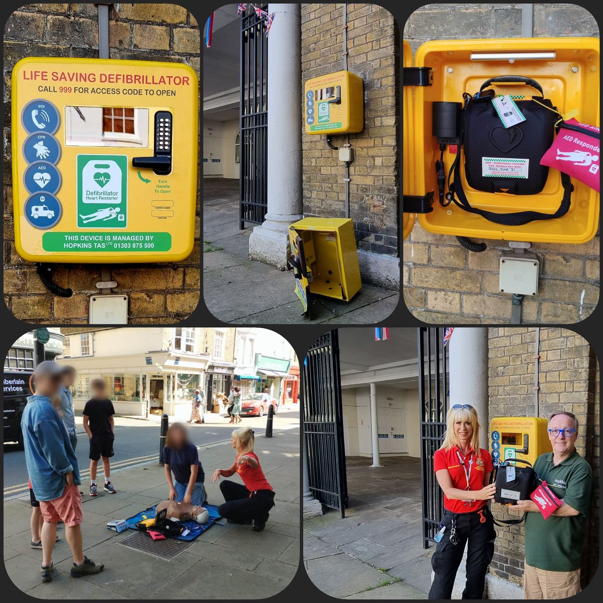 LadyLast_CFR's tweet photo. So pleased yesterday😊 to go to @Deal_Town Hall &amp; replace the old AED cabinet with a new, more durable polycarbonate one, thanks to a local grant. It was also a good opportunity to  encourage passers by to learn CPR 🙌💗&amp; how to use an AED⚡️
#HeartSafeCommunity
@HeartStartSEC https://t.co/qJXcFyMRPN