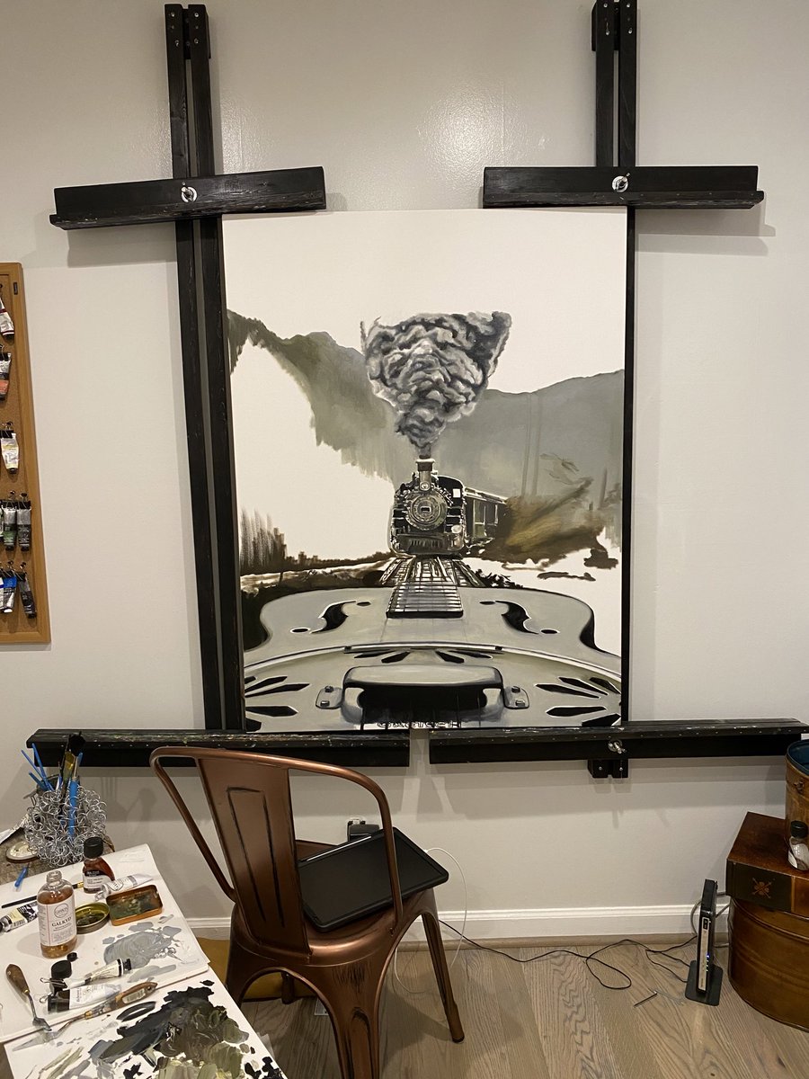 Before I had my gallery,I painted in a teensy room at my house for yearsss 

Built those easels myself from 2 x 4’s I found in a dumpster😹

Were they level? Not even close🤭

But it worked, and I saved up all those years to build my dream gallery.

A gallery was my goal, but