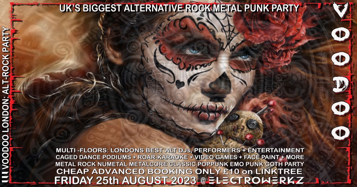 TONIGHT!! Voodoo #rocklondon UKS BIGGEST ALT ROCK METAL PUNK PARTY ★ MULTI FLOORS of ALTERNATIVE MUSIC + ENTERTAINMENT ★ GET CHEAP ADVANCED from LINKTREE 📷 Only £10 ★ One Hell of Night of Alternative DJs, Performers, Entertainment! facebook.com/events/5880982…