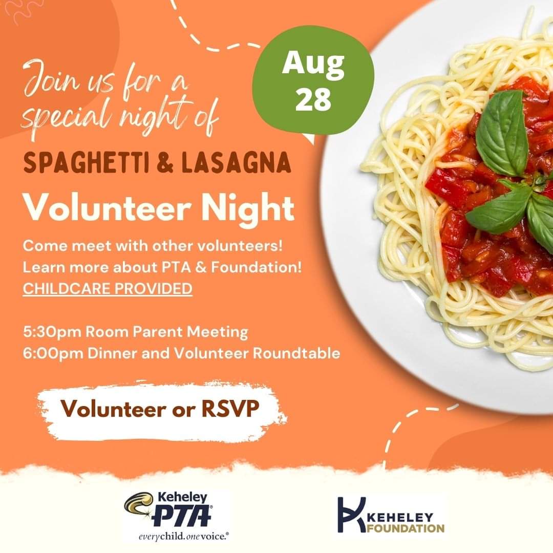 KeheleyPTA's tweet photo. Are you looking for date night ideas for next week? What better way to spend a night out with your loved one than with the PTA and Foundation for a spaghetti and lasagna dinner. RSVP is not required, but encouraged.
https://t.co/R1qsrl7V83 https://t.co/kZFZSJQngW