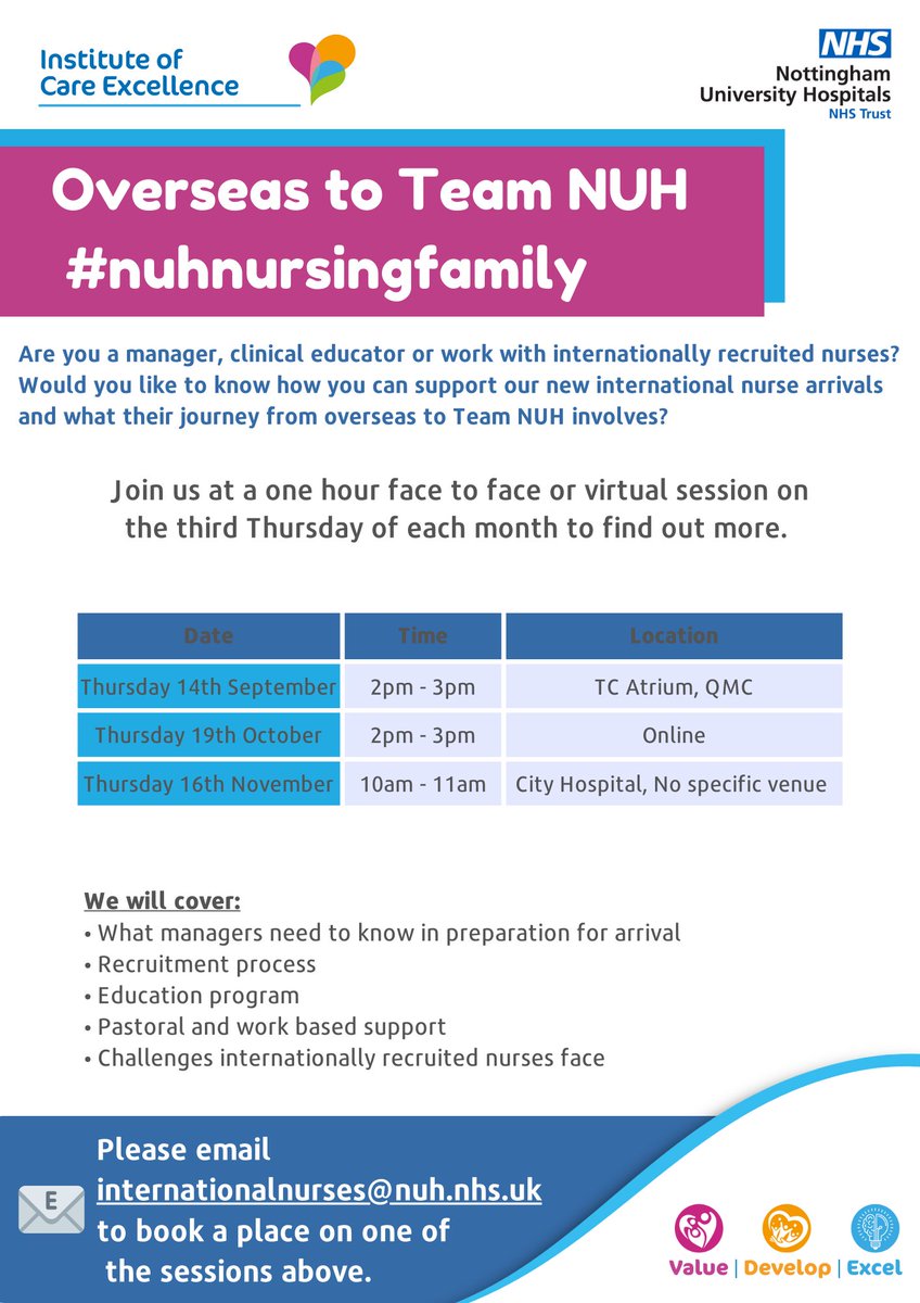 NUH Nursing (@nuhnursing) on Twitter photo Support your @TeamNUH internationally recruited nurse colleagues!
Do you manage or work with Internationally recruited nurses at NUH?🧑⚕️
Book onto one of the sessions below to be prepared and know how to support your colleagues at <a href="/nottmhospitals/">Nottingham University Hospitals</a> 🙌 <a href="/NUH_INTN_ED/">NUH International Nurse Education</a> Support your @TeamNUH internationally recruited nurse colleagues!
Do you manage or work with Internationally recruited nurses at NUH?🧑⚕️
Book onto one of the sessions below to be prepared and know how to support your colleagues at <a href="/nottmhospitals/">Nottingham University Hospitals</a> 🙌 <a href="/NUH_INTN_ED/">NUH International Nurse Education</a>