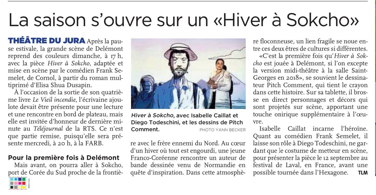 "Hiver à Sokcho"d'après le roman de <a href="/ElisaDusapin/">Elisa Shua Dusapin</a>, ça reprend ce dimanche à 17h au <a href="/TheatreJura/">Théâtre du Jura</a> à Delémont !
Infos et réservations : theatre-du-jura.ch/.../290-hivers…
@PitchComment #hiverasokcho #hiveràsokcho #elisashuadusapin