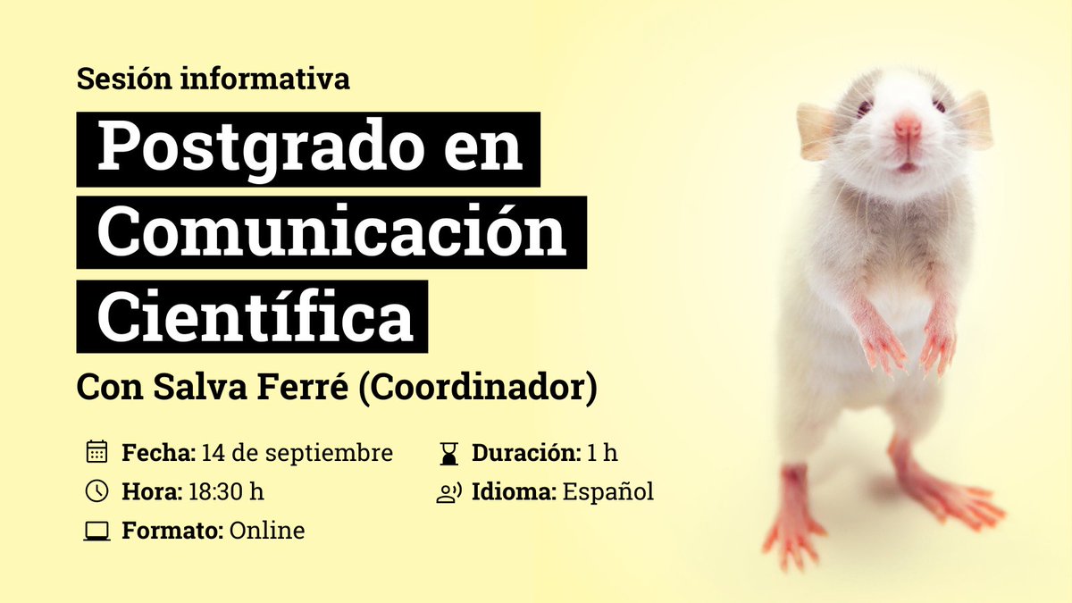 eduscopi's tweet photo. Si a ti también te apasiona la #ComunicaciónCientífica y quieres que sea tu profesión, no te pierdas la próxima sesión informativa #SciCommUVic  

Podrás resolver tus dudas directamente con la Coordinación del #postgrado 

📅14/9, 18:30h 
✍️https://t.co/ImsNcVB6Sx

¡Te esperamos! https://t.co/lXVUnCTZIQ