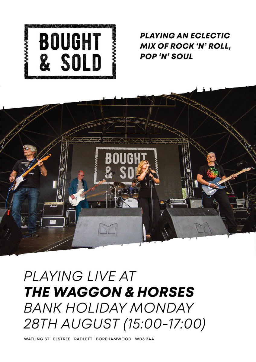 See you all at The Waggon &amp; Horses on Bank Holiday Monday for drinks &amp; live music! #BoughtAndSold 🎶🍺

🍺 Waggon &amp; Horses
🗓️ Monday 28th August
⏰ 15:00 - 17:00
🎵 Bought &amp; Sold

See you there 🙌

#LoveMusic #LiveMusic #LiveBand
