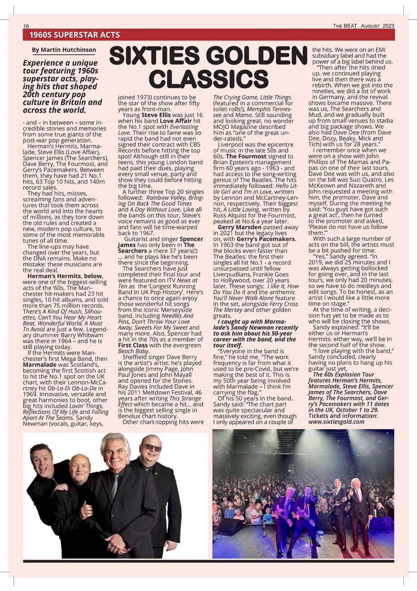 We're pleased to announce that the Beat Magazine will be printing the latest article about the Sixties Gold Tour, starting October 1st at the Southend Cliffs Pavilion! @BeatMagazineUK @BarryWhitwam @MikeReadUK @RetroCharts @davesweetmore @RnRUnravelled @SwannyMediaMan #60sGold
