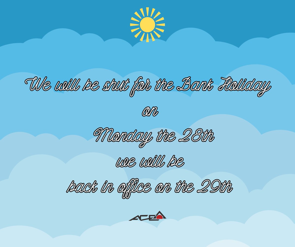 ☀️Bank Holiday update

We will be shut for the Bank Holiday on the 28th and back in office on the 29th.

Any orders received after the 25th will not be despatched until the 29th of August

🔴 acesupplies.co.uk