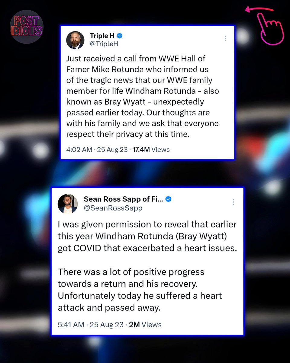 Postidiotss's tweet photo. I still can't believe Bray Wyatt is gone at the age of 36💔😔

Condolences to the Rotunda Family 
RIP Windham Rotunda, aka Bray Wyatt. You will be missed dearly❤️
#RIPBrayWyatt #BrayWyatt #WindhamRotunda #TheFiend https://t.co/zYc0qGKoex