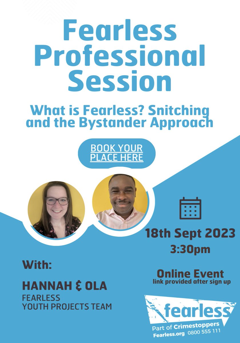 Our popular @FearlessORG Professional Sessions are back!

This session on the 18th September at 3.30pm focuses on What is Fearless? Snitching and the Bystander Approach.

Don’t miss out and reserve your FREE place today!

🔗 eventbrite.co.uk/e/663550325887…

#WiltsHour