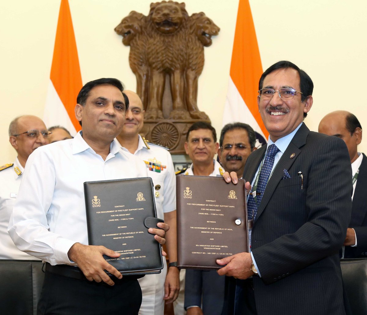 SpokespersonMoD's tweet photo. Another significant stride towards self-reliance in defence!
#MoD seals a deal with Hindustan Shipyard Limited, Visakhapatnam, for 5 indigenously designed Fleet Support Ships for the @indiannavy.
Read for more: https://t.co/qK7TVfDSEV
@rajnathsingh
@giridhararamane
@CMD_HSL https://t.co/jGzjLDaavL