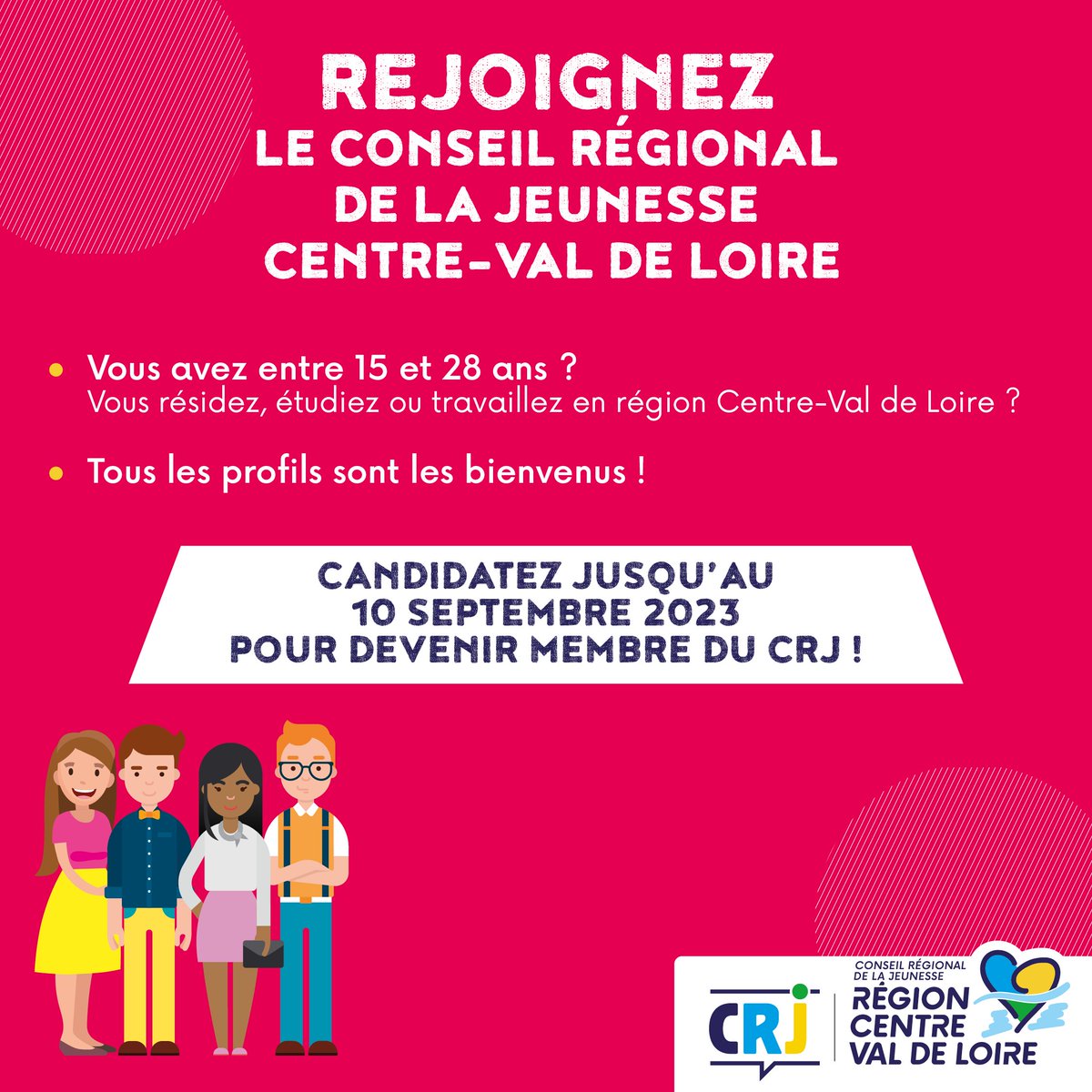 💼 Vous souhaitez vous engager, débattre des politiques régionales et travailler avec les élu.e.s régionaux ?

🤝 Rejoignez le Conseil Régional de la Jeunesse Centre-Val de Loire 💙💛💚 !

📆 jusqu'au 10 septembre 
ℹ️ + d'infos linktr.ee/CRJ_Centre_VDL