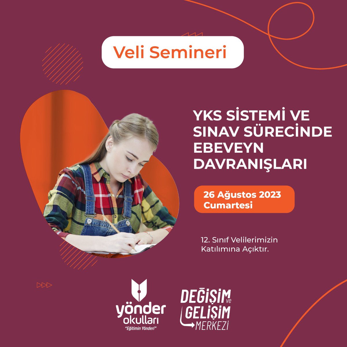 📣Yönder Okulları Veli Semineri!

#DeğişimveGelişimMerkezi tarafından düzenlenen “YKS Sistemi ve Sınav Sürecinde Ebeveyn Davranışları” konulu veli seminerimize tüm 12.sınıf velilerimiz davetlidir.

#YönderOkulları #EğitiminYönderi