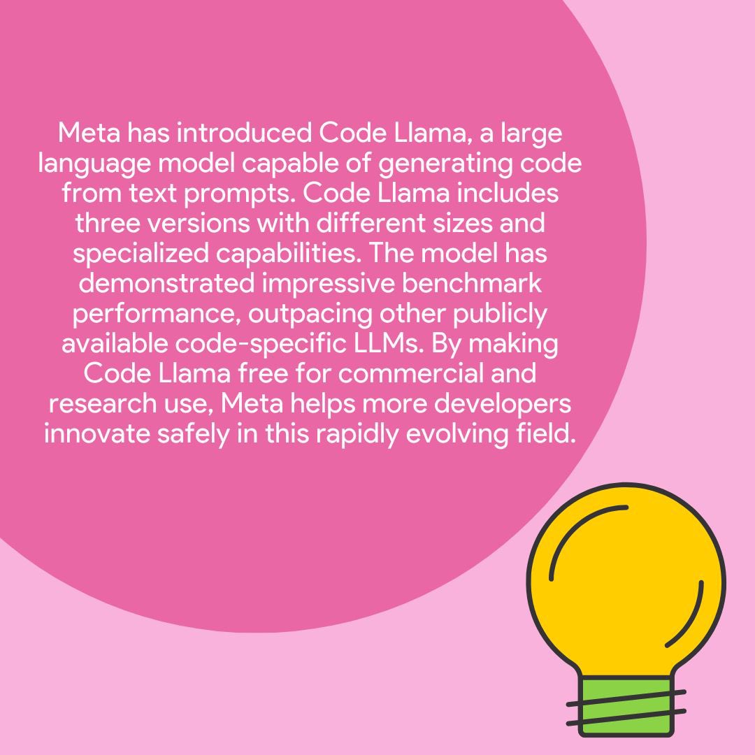 sortd_mobi's tweet image. Meta has introduced Code Llama, a large language model capable of generating code from text prompts. Learn more about it!
#Coding #CodingJourney #codingtool
#ArtificialInteligence #MarkZuckerberg #meta #aitools