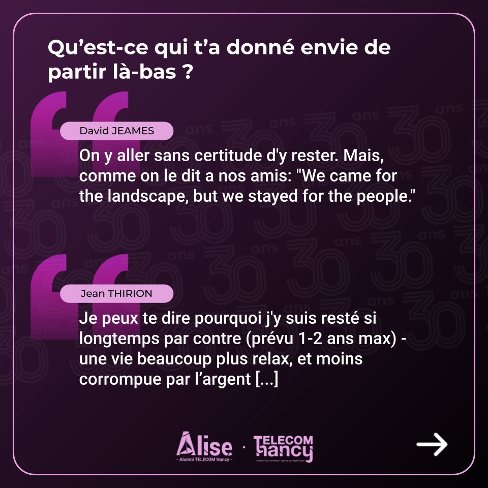 Alise_TN's tweet photo. Fondation de l’asso, entrepreneuriat… le nouveau thème des interviews des diplômés de @TELECOMNancy est l’expatriation. Quel sera le prochain thème ?
Interviews entières sur le site des 30 ans ➡️ https://t.co/ya6GoC6CJQ https://t.co/OSC04Q3rmZ