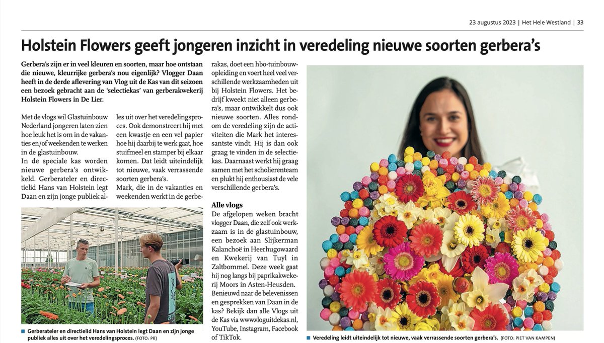 <a href="/HolsteinFlowers/">Holstein Flowers</a>  geeft jongeren inzicht in veredeling nieuwe soorten gerbera’s &amp; de column is deze week geschreven door één van onze bestuurders <a href="/RHartensveld75/">Richard Hartensveld</a>. Dit en meer #glastuinbouw nieuws staat op onze pagina in @hethelewestland. Lees je mee? bit.ly/3swME58