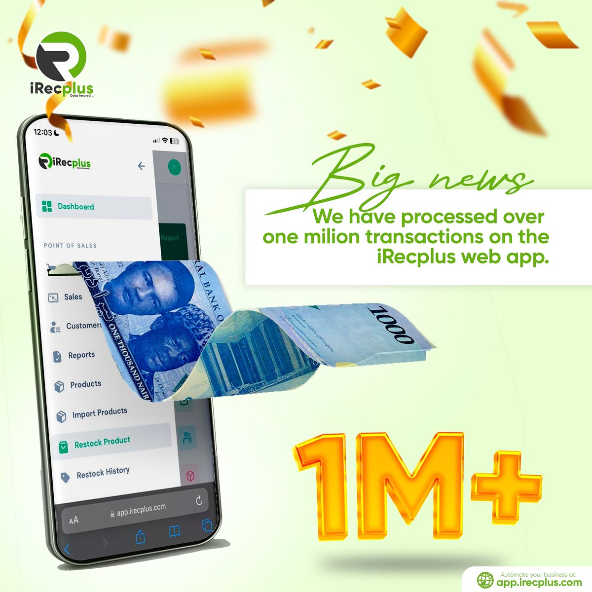 IRecplus's tweet photo. We're celebrating today! 🥳
Over One million transactions processed on the iRecplus web app! 🎉
Join the iRecplus community today and be a part of the new age of business management!
#businessmanagement #iRecplus #iRecplusAdvantage #celebration #entrepreneur #businessowners https://t.co/eYRUVEUc9A