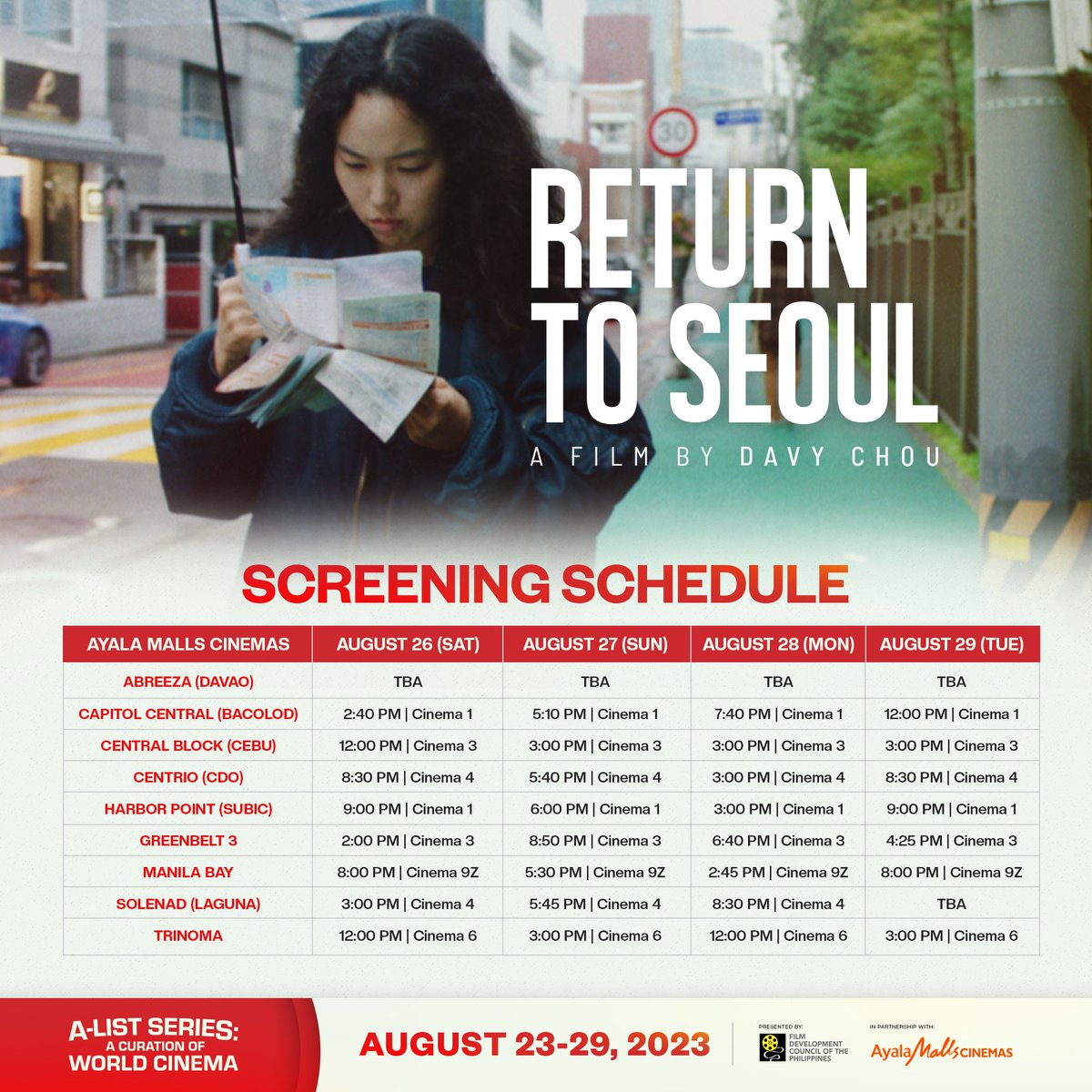 fdcpofficial's tweet photo. STILL SHOWING IN SELECT AYALA MALLS CINEMAS NATIONWIDE! Catch the curation of world cinema titles presented by the FDCP in cinemas near you from August 23 to 29.

Buy or reserve your tickets now at https://t.co/B2NpBxHe05. #FDCP #AyalaMallsCinemas https://t.co/udLGdy0w04