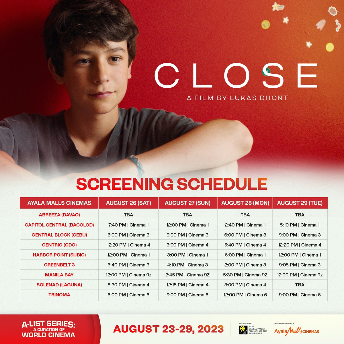 fdcpofficial's tweet photo. STILL SHOWING IN SELECT AYALA MALLS CINEMAS NATIONWIDE! Catch the curation of world cinema titles presented by the FDCP in cinemas near you from August 23 to 29.

Buy or reserve your tickets now at https://t.co/B2NpBxHe05. #FDCP #AyalaMallsCinemas https://t.co/udLGdy0w04
