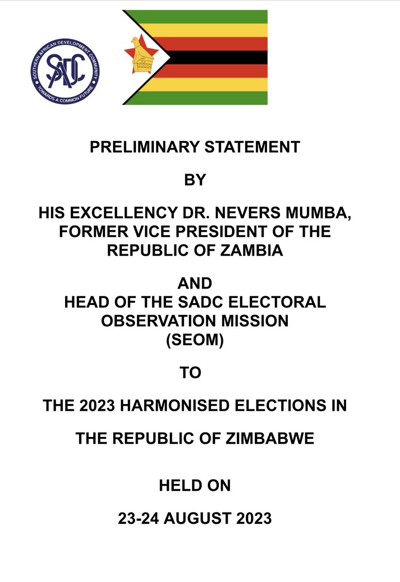 The Southern Africa regional board <a href="/SADC_News/">SADC Secretariat</a> observer mission has issued its preliminary report.

I have posted the full report in my telegram channel via this link

SADC Observers Report in brief;

1. Delimitation was a flawed and unconstitutionally executed process.

2. ZEC