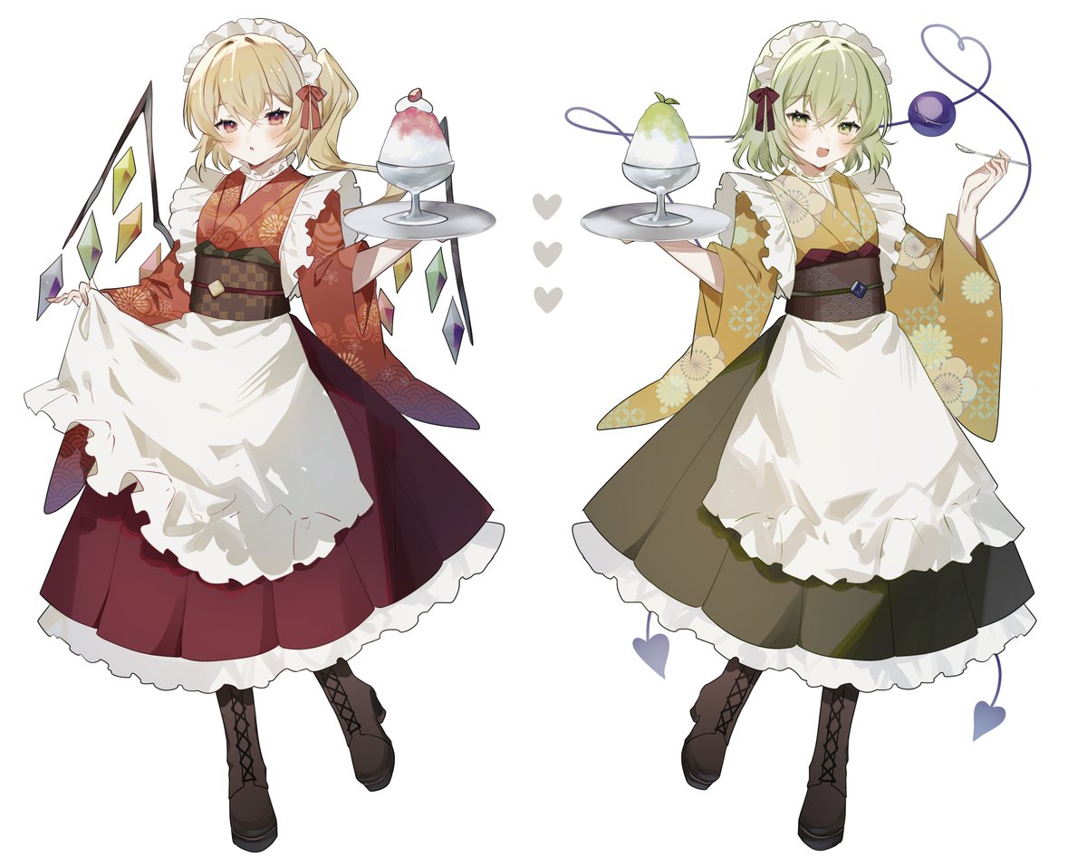 flandre scarlet ,komeiji koishi multiple girls 2girls maid headdress white background apron crystal green eyes  illustration images