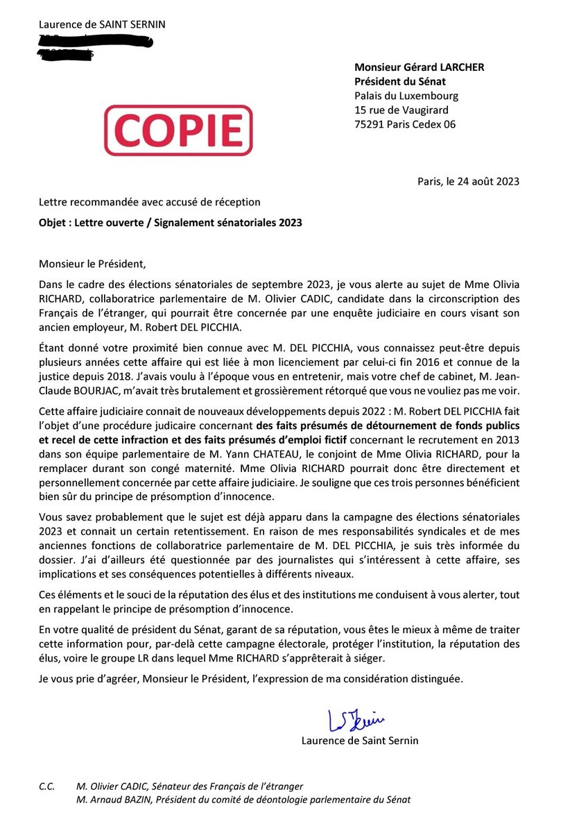 Olivier Bertin (@olivierbertin) on Twitter photo Suite de l'affaire @OliviaRichard23 🪂 avec le courrier de Laurence de Saint Sernin adressé à <a href="/gerard_larcher/">Gérard Larcher</a>.
#déontologie, #emploifictif #détournementdefondspublics #recel #mainspropres #Sénat #républiquebananière 🍌 Suite de l'affaire @OliviaRichard23 🪂 avec le courrier de Laurence de Saint Sernin adressé à <a href="/gerard_larcher/">Gérard Larcher</a>.
#déontologie, #emploifictif #détournementdefondspublics #recel #mainspropres #Sénat #républiquebananière 🍌