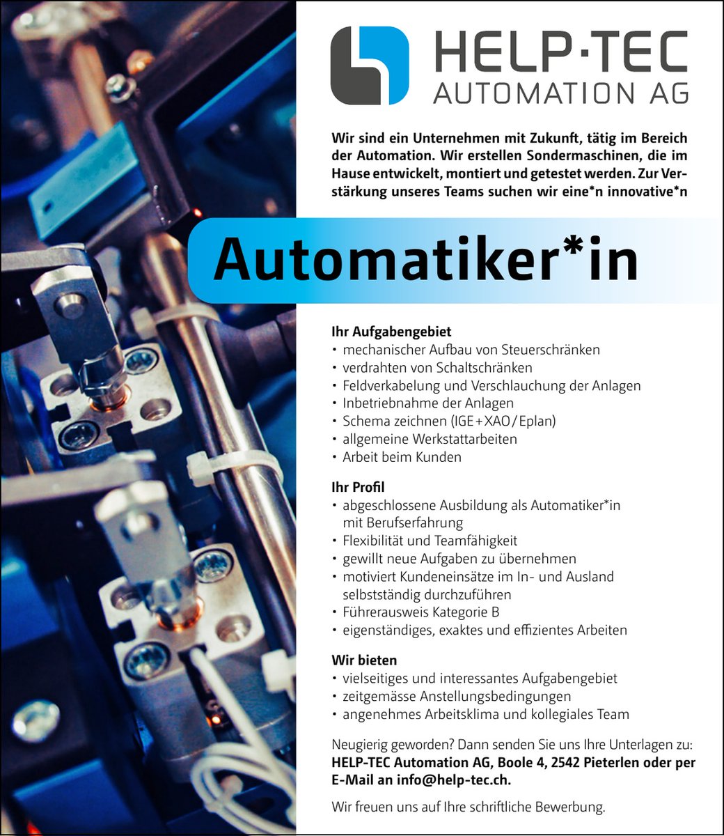 helptec3's tweet photo. 🚀 STELLENANGEBOT: Werden Sie Teil des Help-Tec Automation AG Teams! 🚀
📩 Bitte nehmen Sie Kontakt auf, indem Sie die Informationen auf unserer Webseite https://t.co/wgmrwwlswP verwenden.

#Stellenangebot https://t.co/SBTsTyy6Cy