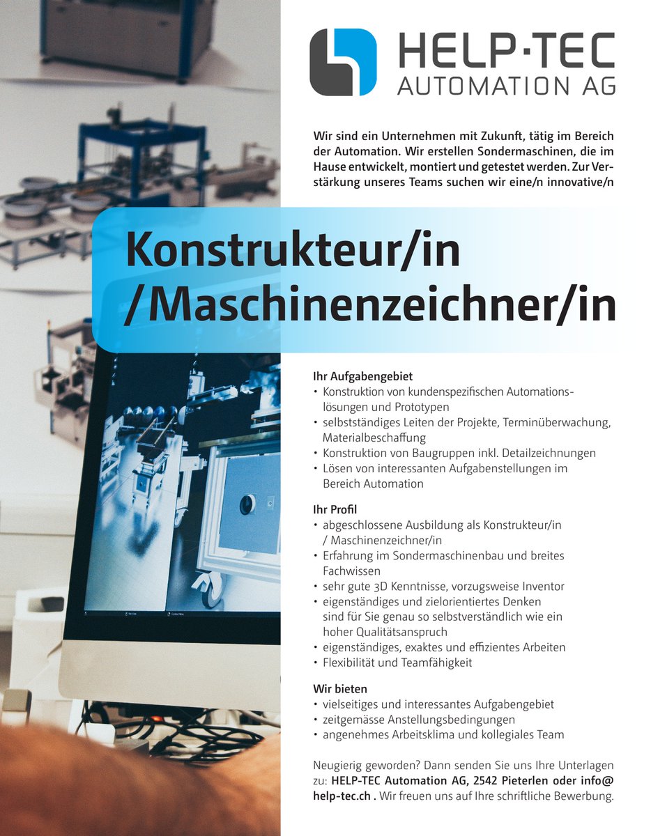 🚀 STELLENANGEBOT: Werden Sie Teil des Help-Tec Automation AG Teams! 🚀
📩 Bitte nehmen Sie Kontakt auf, indem Sie die Informationen auf unserer Webseite help-tec.ch verwenden.

#Stellenangebot