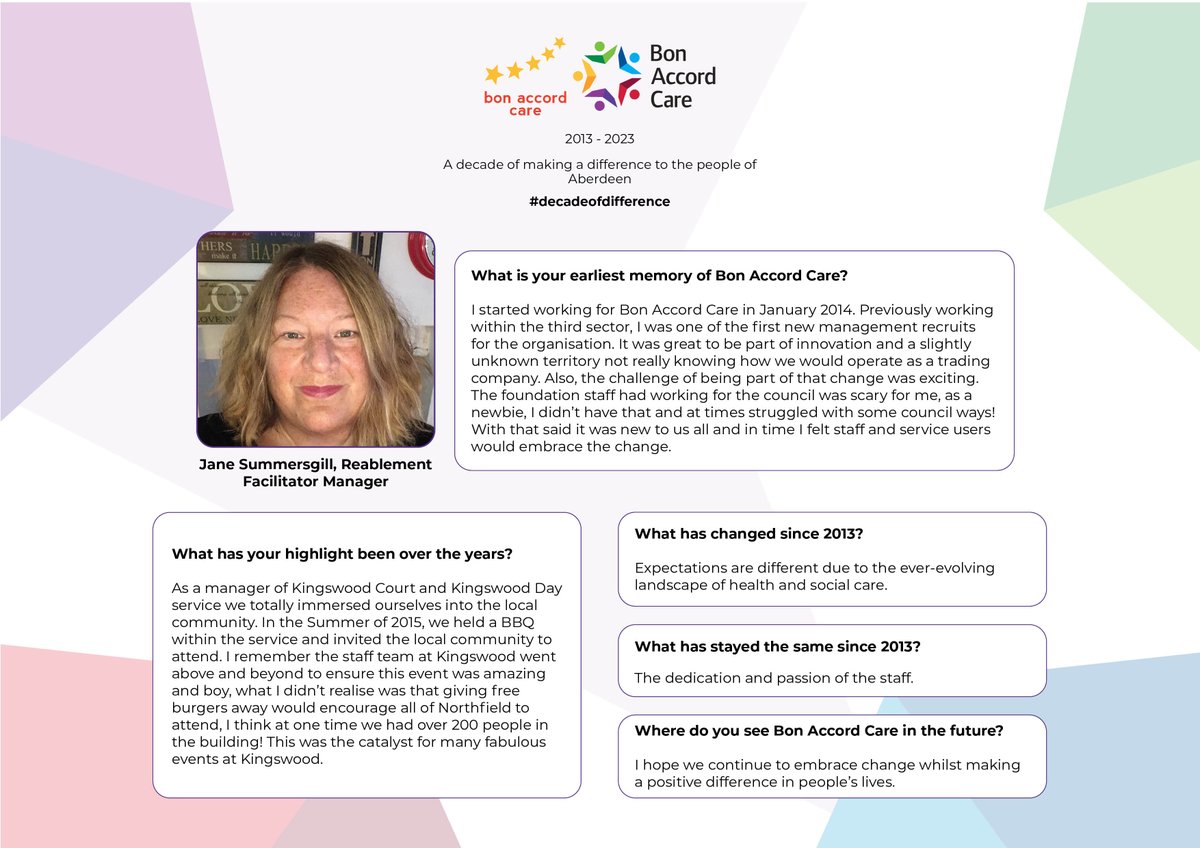 bonaccordcare's tweet photo. As part of our celebrations around our 10th anniversary, we've been speaking to those who have been here since the early days 💪
Meet Jane, our Reablement Facilitator, who has been looking back over her last nine and a half years with Bon Accord Care. ✨
#decadeofdifference https://t.co/XU075usRWG