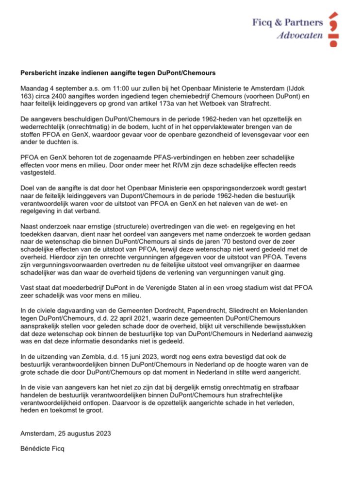 Persbericht: Maandag 4 september  2023 om 11:00 uur zullen door Bénédicte Ficq ca. 2400 aangiftes worden ingediend bij het Functioneel Parket van het Openbaar Ministerie te Amsterdam tegen chemiebedrijf DuPont/Chemours en haar feitelijk leidinggevers.