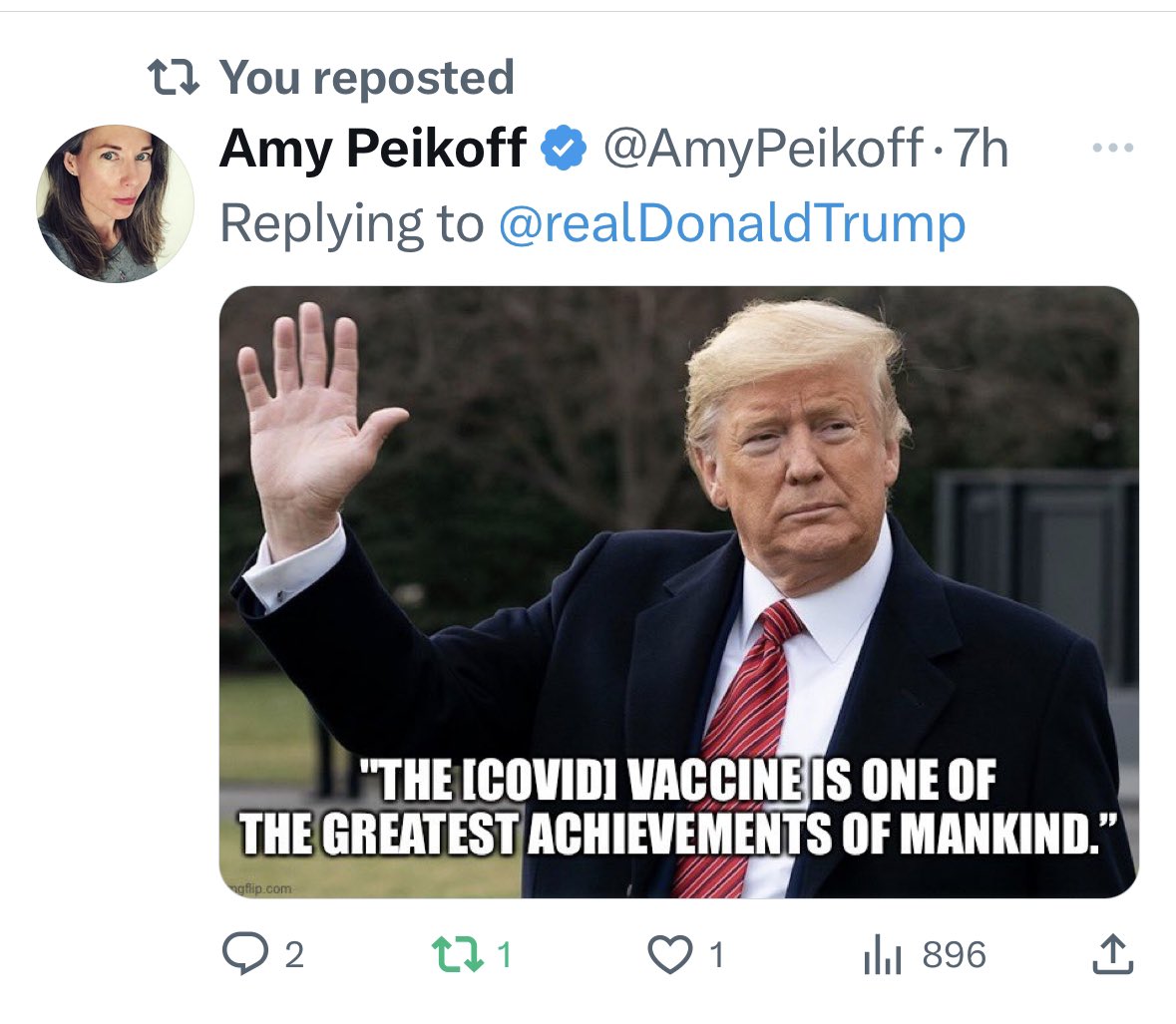 AmyPeikoff's tweet image. It’s interesting to see how the “freedom of speech, not reach” policy is affecting last night’s tweet from @realDonaldTrump. On one view of my reply (on my own feed), you can see two responses. But if you view my reply on his profile, zero. #memoryhole