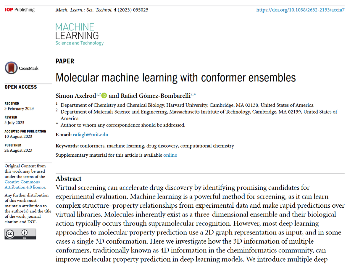 MLSTjournal's tweet photo. Great new work by @AxelrodSimon @RGBLabMIT @mit_dmse @HarvardCCB - 'Molecular #machinelearning with conformer ensembles' - https://t.co/xjpiFqmkRv #compchem #compbio #molecules #AI #drugdiscovery #HPC https://t.co/zpIAyUrh7M