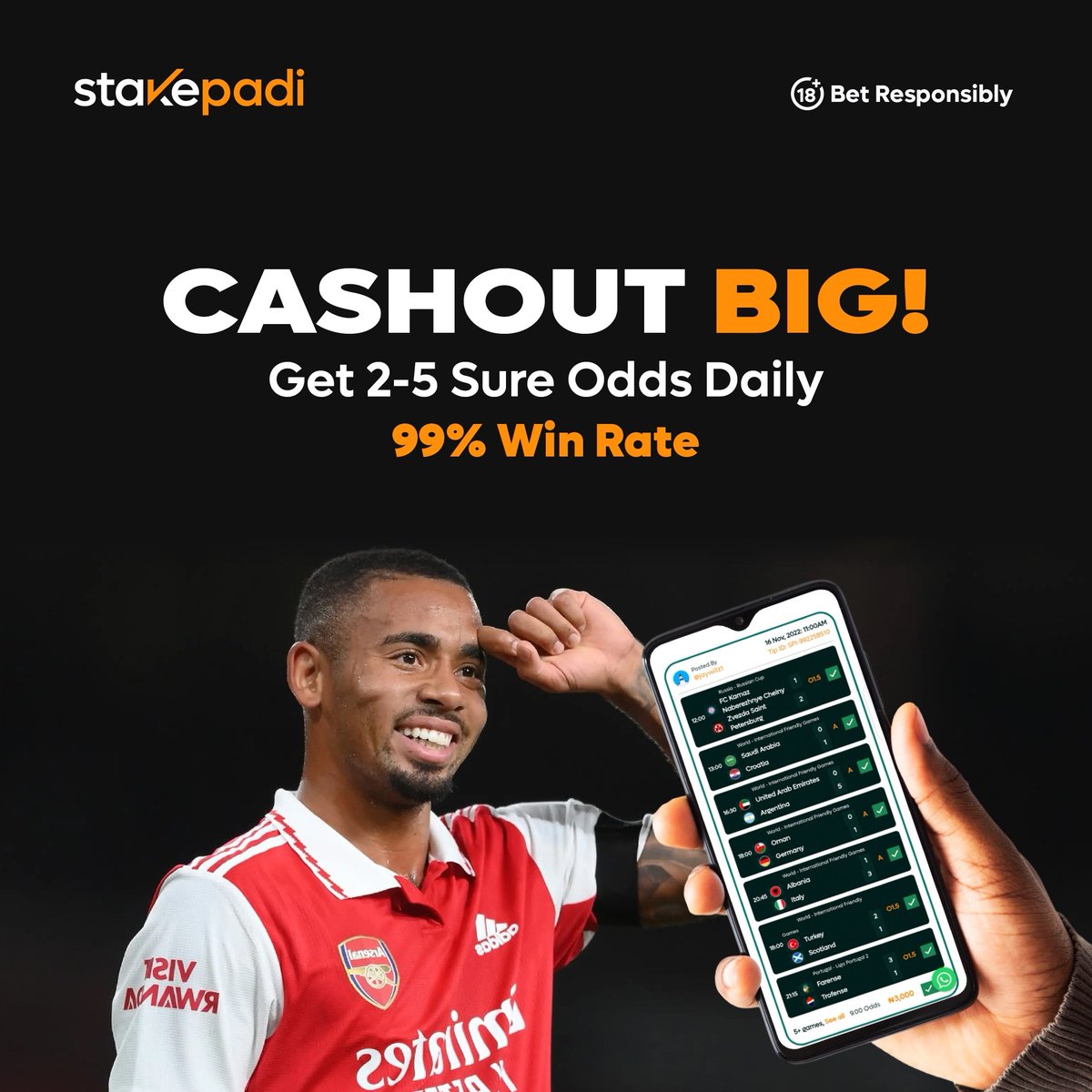 stakepadi's tweet image. Elevate your bets with daily 2-5 odds and an impressive 99% win rate! 

Don't miss out on the chance to multiply your winnings! Explore stakepadi.com and start winning like a pro! 

#CashOutBig #SportsBetting #HighWinRate #BettingSuccess #MaximizeYourWin #Stakepadi