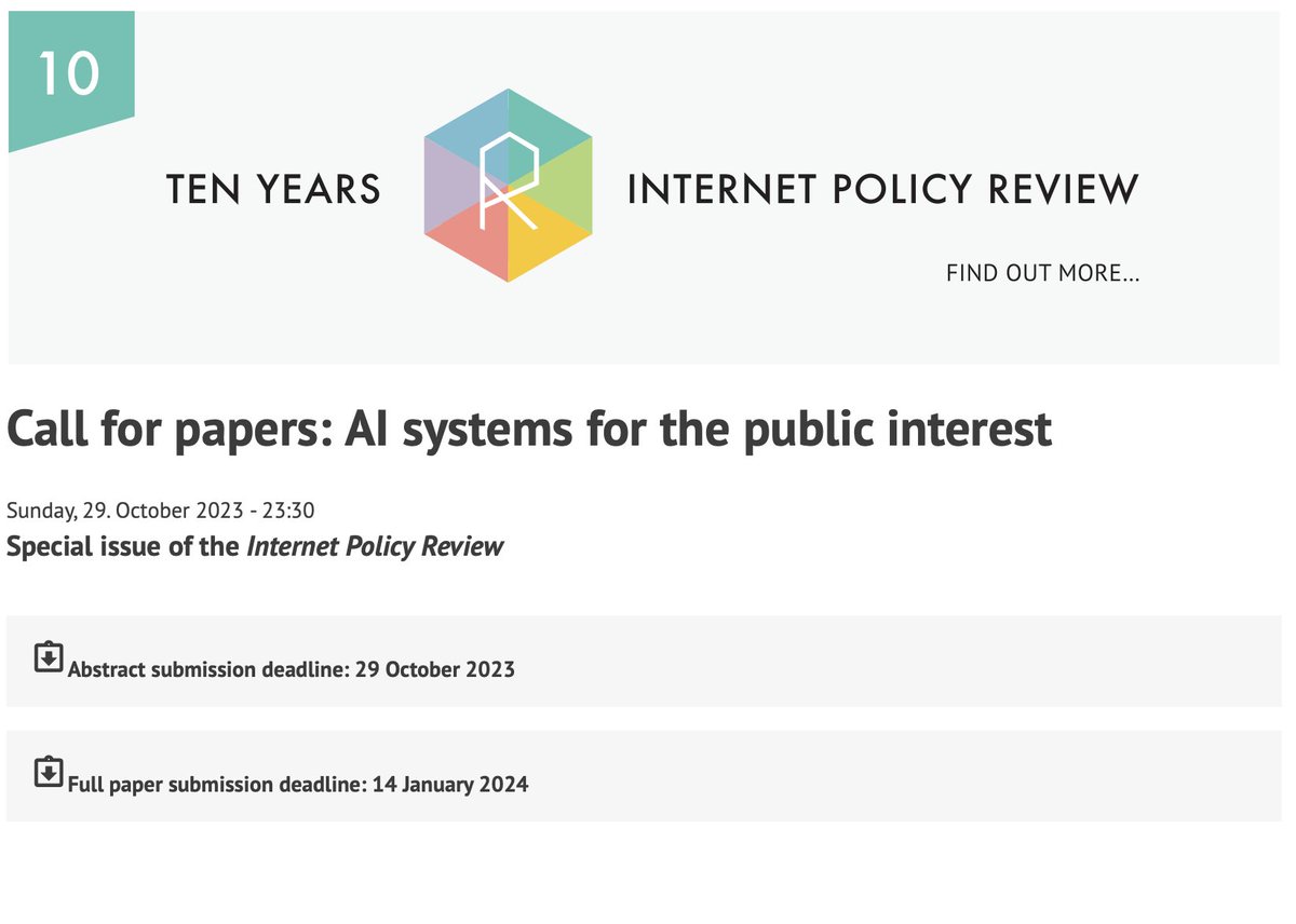 📢Brand new call for papers: AI systems for the public interest, edited by @thezueger & @hadi_a. Deadline for abstracts: 29 October 2023. policyreview.info/node/1721 #artificialintelligence, #machinelearning #LanguageLearning #AI