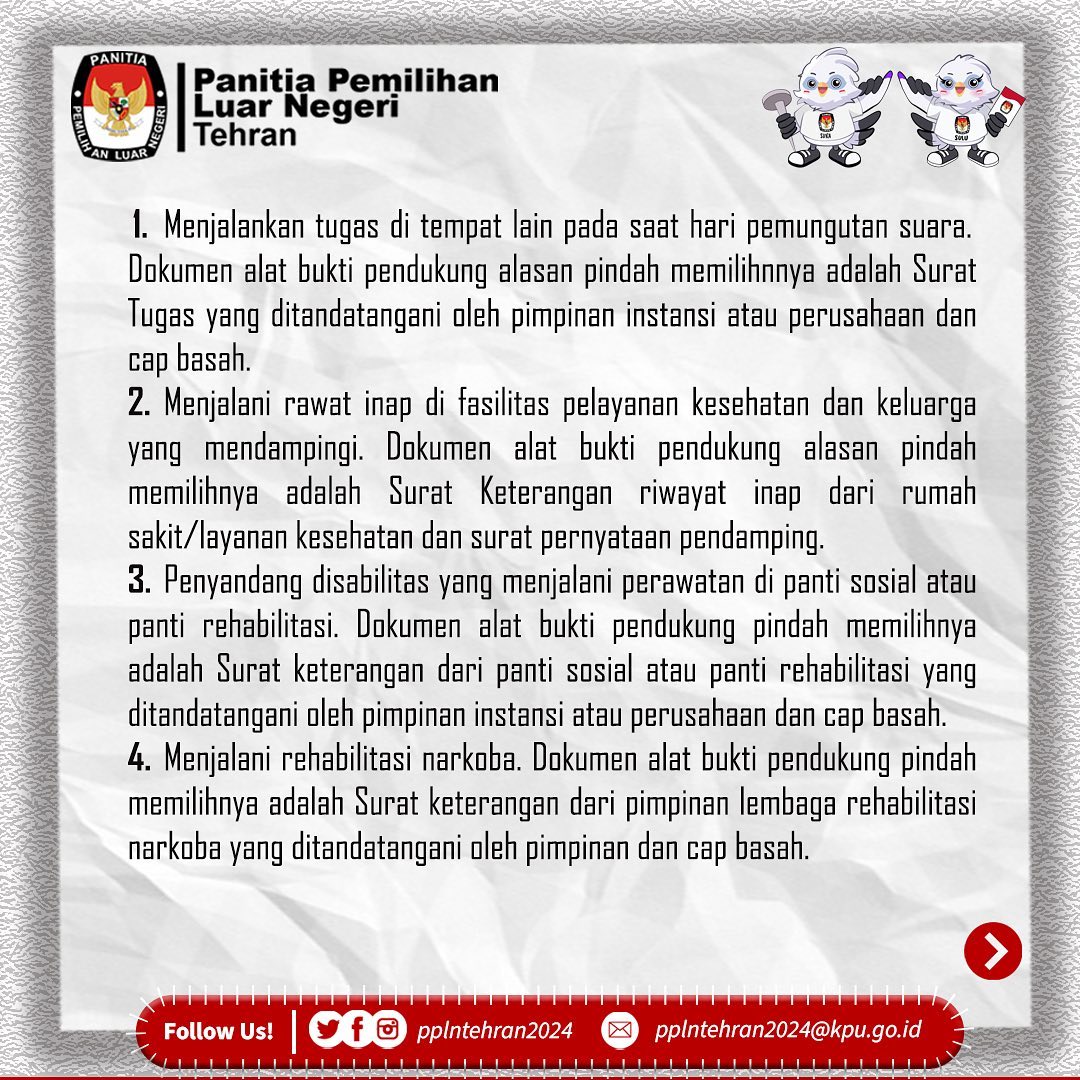 pplntehran2024's tweet image. INFO (1): 
Cek Posting-an Berikut untuk Mengetahui Informasi Penting bagi Pemilih di Wilayah Kerja PPLN Tehran. 

"Mari kita sukseskan Pemilihan Umum Tahun 2024 sebagai Sarana Integrasi Bangsa"
 
PPLN Tehran 2024

#ppln
#ppln2024
#dptln
#pindahmemilih
#Pemilu2024
#Iran 
#Teheran