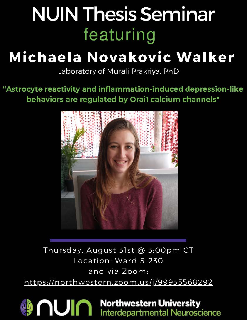Join NUIN for Michaela Novakovic Walker’s Thesis Seminar, Thursday, August 31st @ 3:00 PM CT. Location: Ward 5-230 and via zoom!