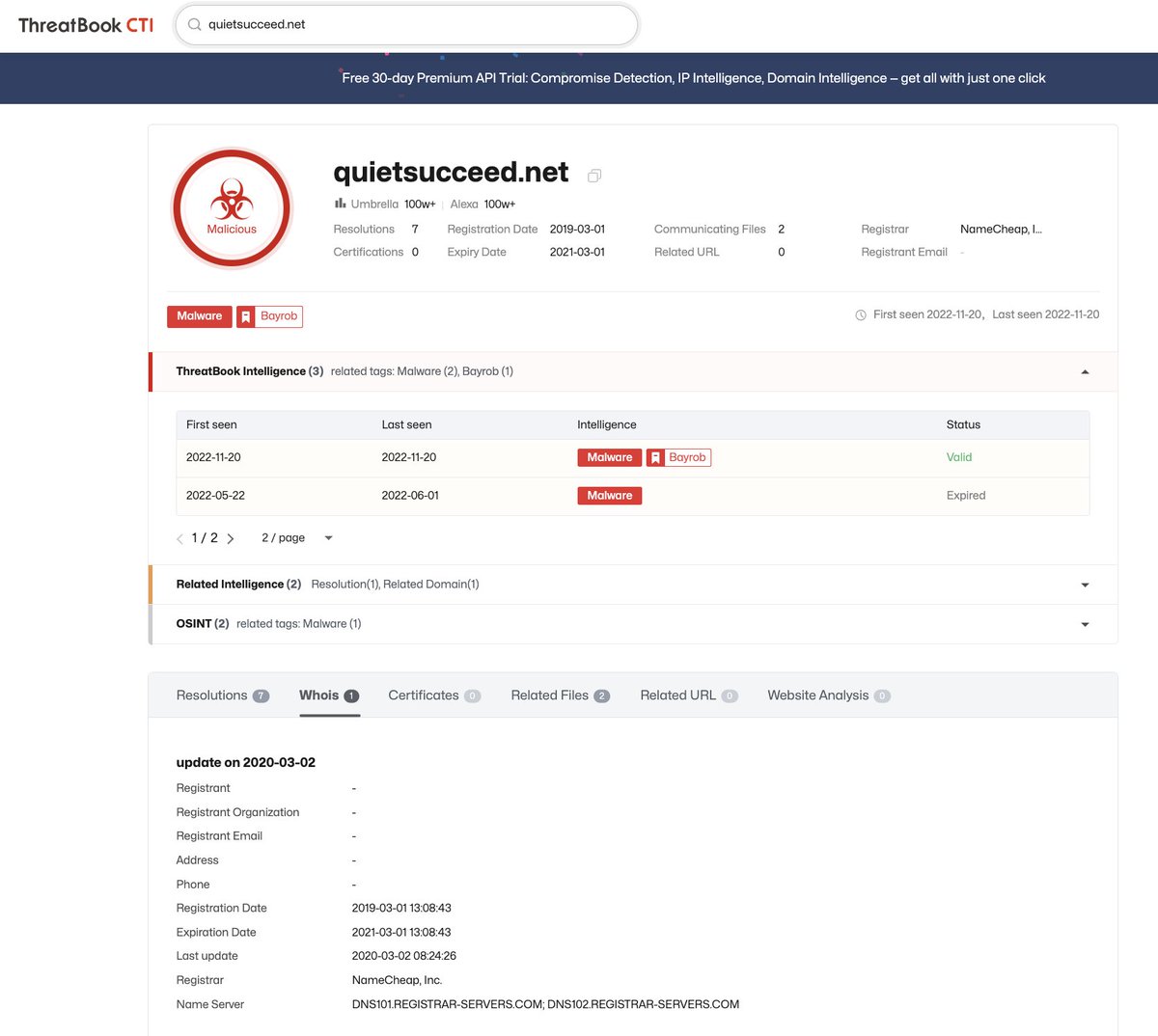 ThreatBookLabs's tweet image. We found a new sample of #Bayrob #Malware and the contacted domain.                

md5: 2adeb2765bbf8ba911ee911c99994c8d   
IOC:  quietsucceed[.]net     

Check it out:            threatbook.io/domain/quietsu…

#ThreatHunting #ThreatIntelligence #cybersecurity #cybercrime #SOC #CTI