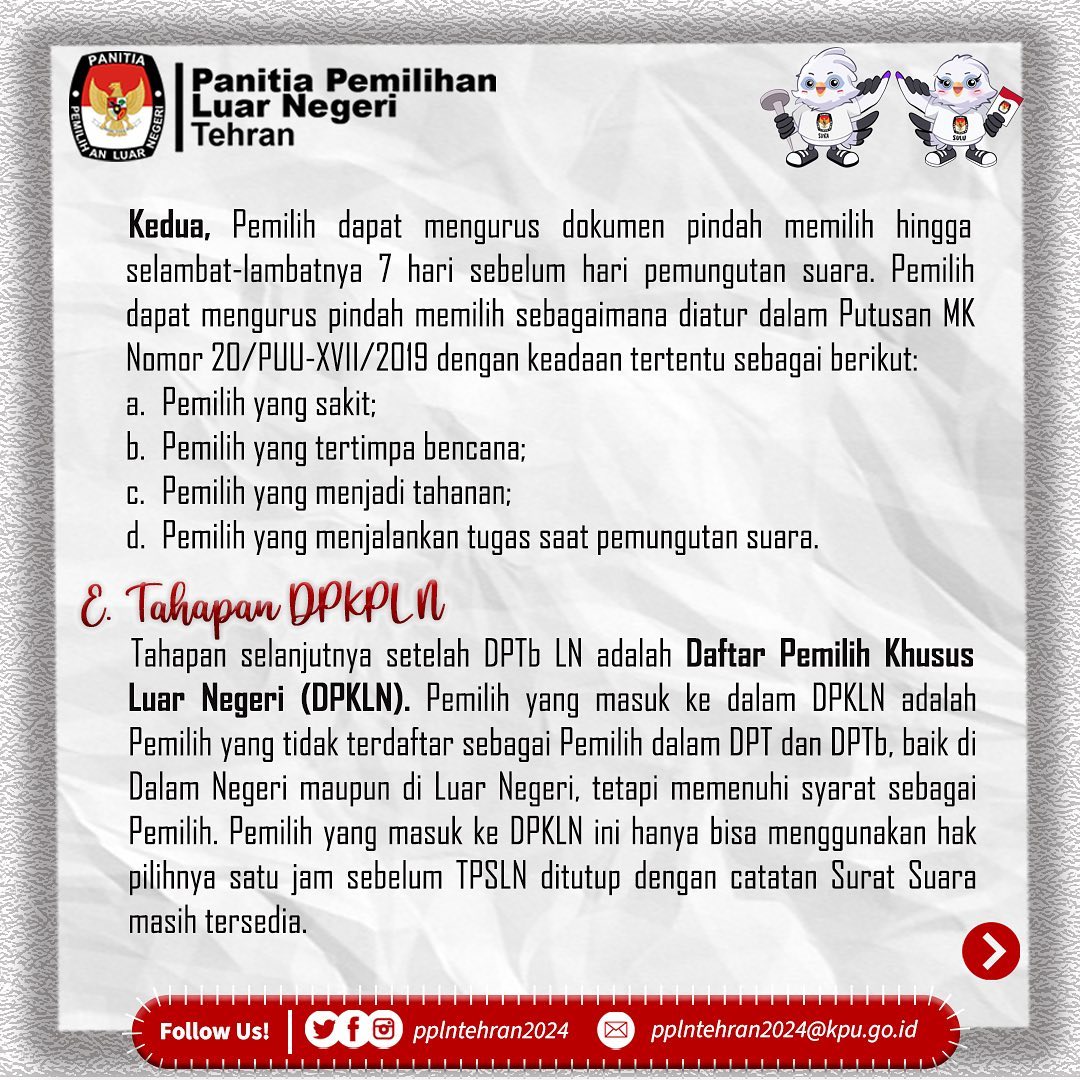 pplntehran2024's tweet image. INFO (2):

Cek Posting-an Berikut untuk Mengetahui Informasi Penting bagi Pemilih di Wilayah Kerja PPLN Tehran.

"Mari kita sukseskan Pemilihan Umum Tahun 2024 sebagai Sarana Integrasi Bangsa"

PPLN Tehran 2024

#ppln

#ppln2024
#dptln
#pindahmemilih
#Pemilu2024
#Iran
#Teheran