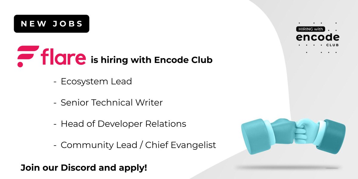 🎉 We’re excited to announce @FlareNetworks as our newest hiring partner! They're looking for new team members to join them in shaping the trajectory of their EVM-based Layer 1, the blockchain for data! 🧑‍💻 🚀 Apply here: discord.gg/er5v93jXMg