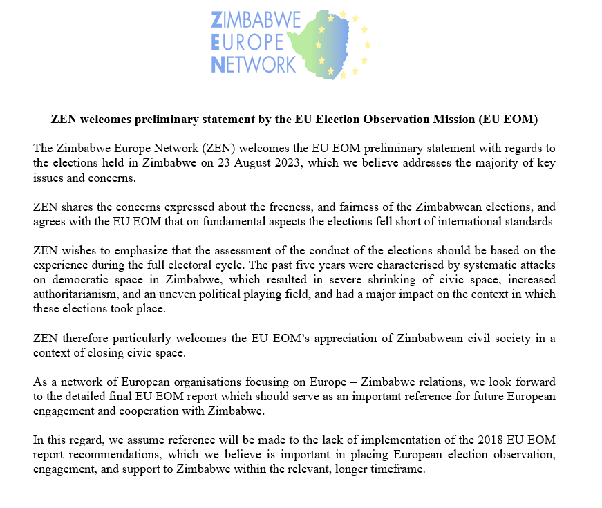 ZEN welcomes the EU EOM <a href="/eueomzim2023/">EU EOM Zimbabwe 2023</a> preliminary statement, which addresses the majority of key issues and concerns