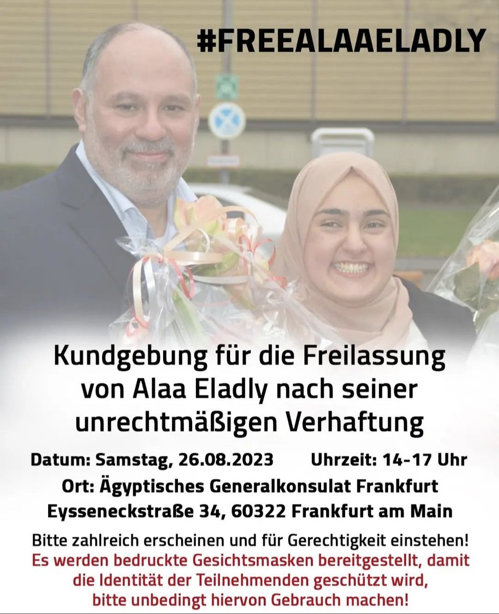 Friends in Berlin, join tomorrow's solidarity protest with @fagr_eladly . Her father was detained in Egypt because of her activism. #FreeAlaaeladly #FreeThemAll