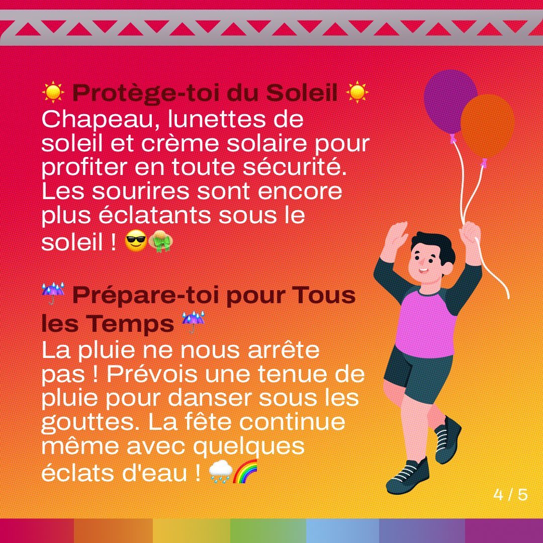 SaintOuensScene's tweet photo. PROTÈGE-TOI DU SOLEIL☀️
Chapeau, lunettes de soleil et crème solaire pour profiter en toute sécurité.

PRÉPARE-TOI POUR TOUS LES TEMPS ☔
La pluie ne nous arrête pas ! Prévois une tenue de pluie pour danser sous les gouttes. La fête continue même avec quelques éclats d'eau ! 🌧️🌈 https://t.co/tmzMoSEyAG