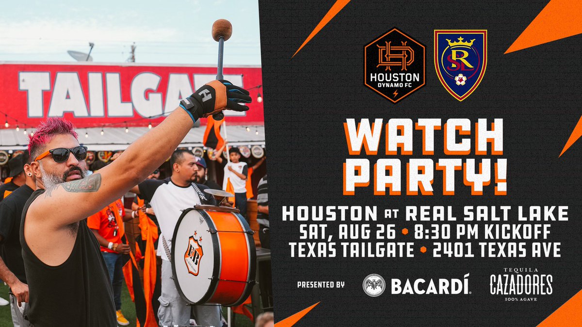 Tomorrow, Watch Party hosted by <a href="/HoustonDynamo/">Houston Dynamo FC</a> and <a href="/HustleTownSupp/">Hustle Town Supporters</a>!

Come thru as the Bayou Boys take on RSL again. Let’s celebrate our trip to the <a href="/opencup/">U.S. Open Cup</a> final and our return to the <a href="/TheChampions/">Concacaf Champions Cup</a> 🔥

Texas Tailgate 8:30pm kickoff. Freebies from <a href="/BACARDI/">BACARDI</a> and <a href="/teqcazadores/">Tequila Cazadores</a>