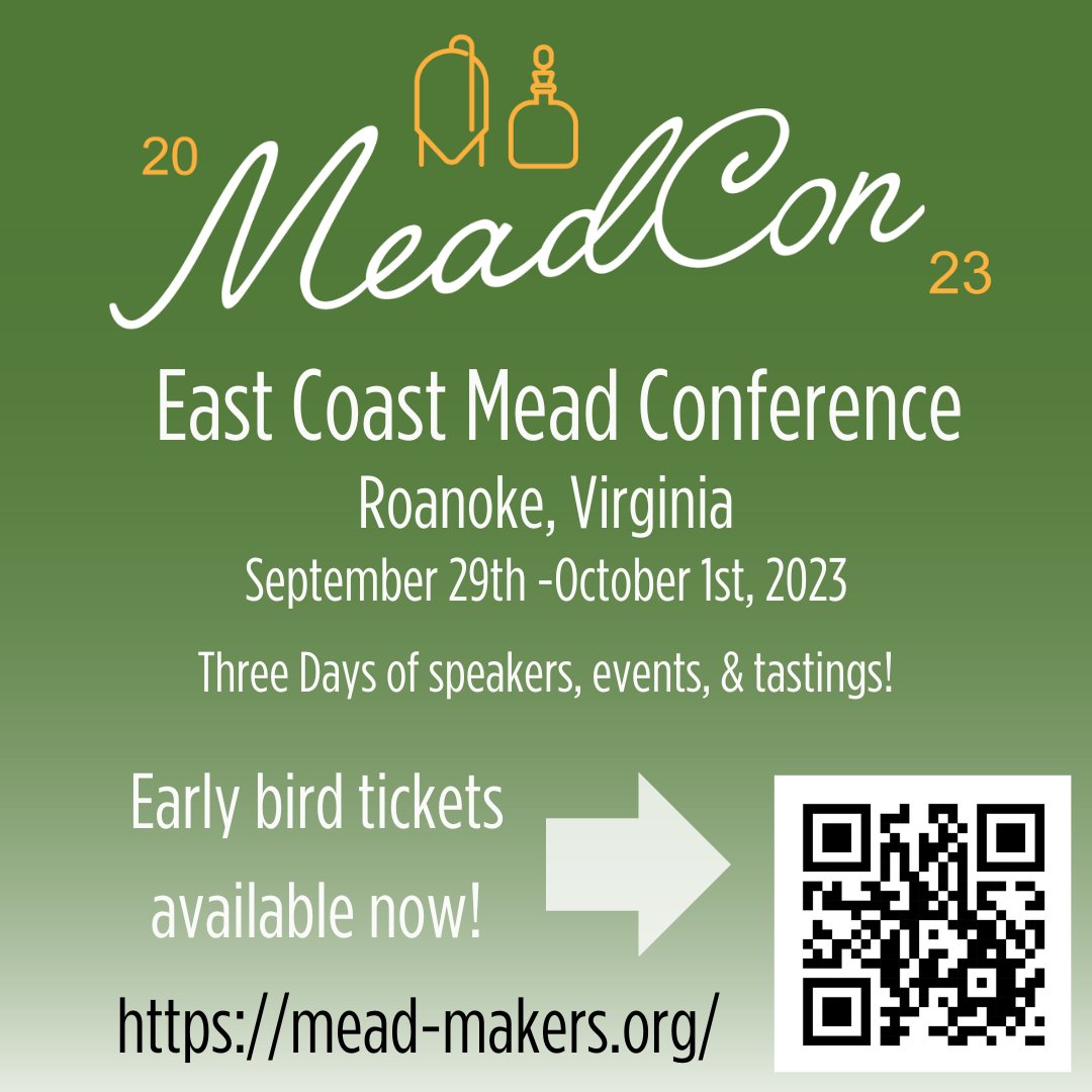 AmericanMeadMkr's tweet photo. Less than a month until the EAST COAST MEADCON!
Tickets: ๐๏ธ AVAILABLE! โ๏ธ
Early Bird Special: ๐ฆ AVAILABLE! โ๏ธ
Weโll see you in beautiful Roanoke, Virginia for the East Coastโs premiere Mead Conference!
Events! ๐ Tastings! ๐ท Guest Speakers! ๐๏ธ
#meadmakers #makemead #mead https://t.co/sACsS6RA20