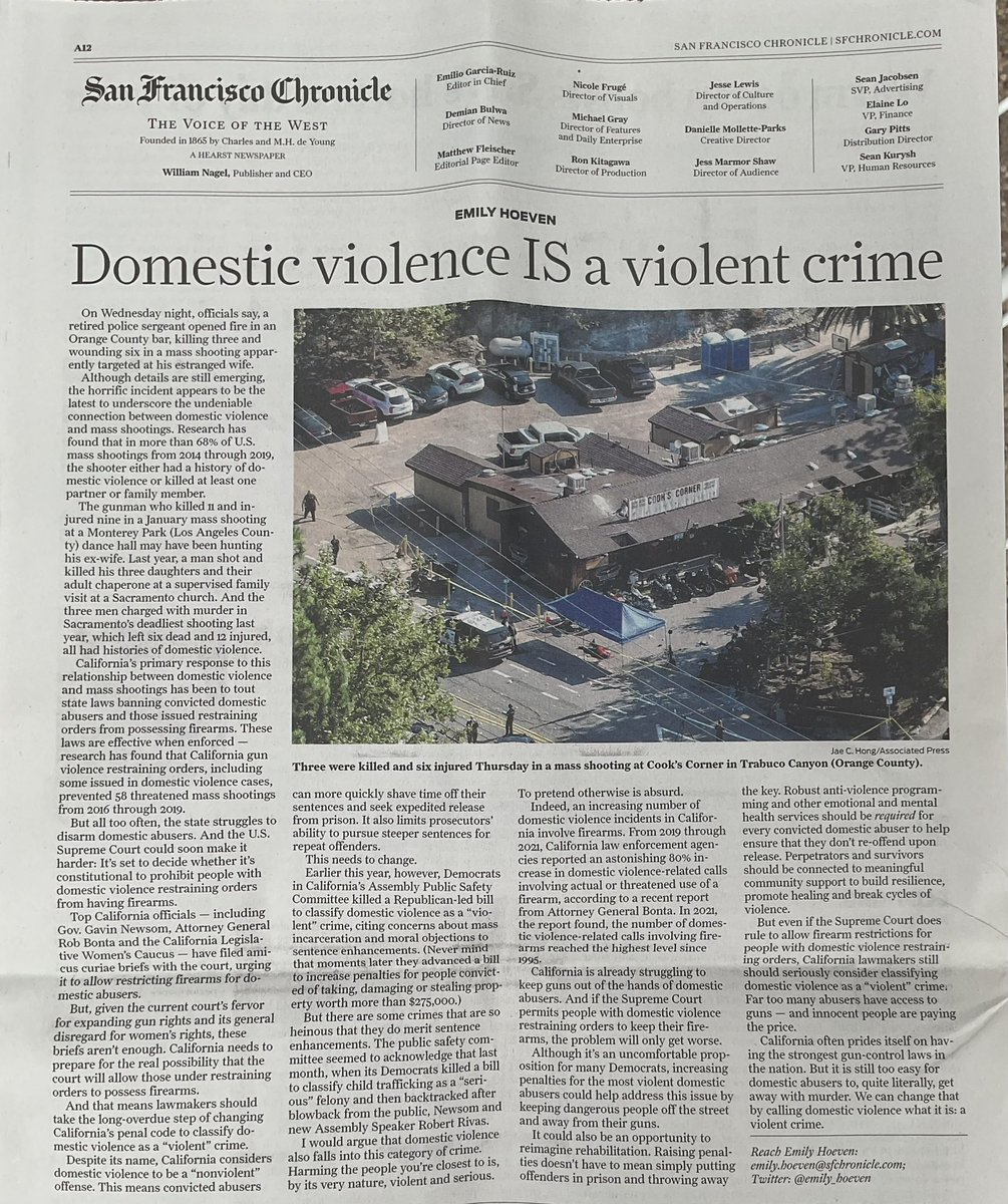 My column on the #orangecounty mass shooting & the need to classify domestic violence as a violent crime in today’s @sfchronicle print edition 📰🗞️