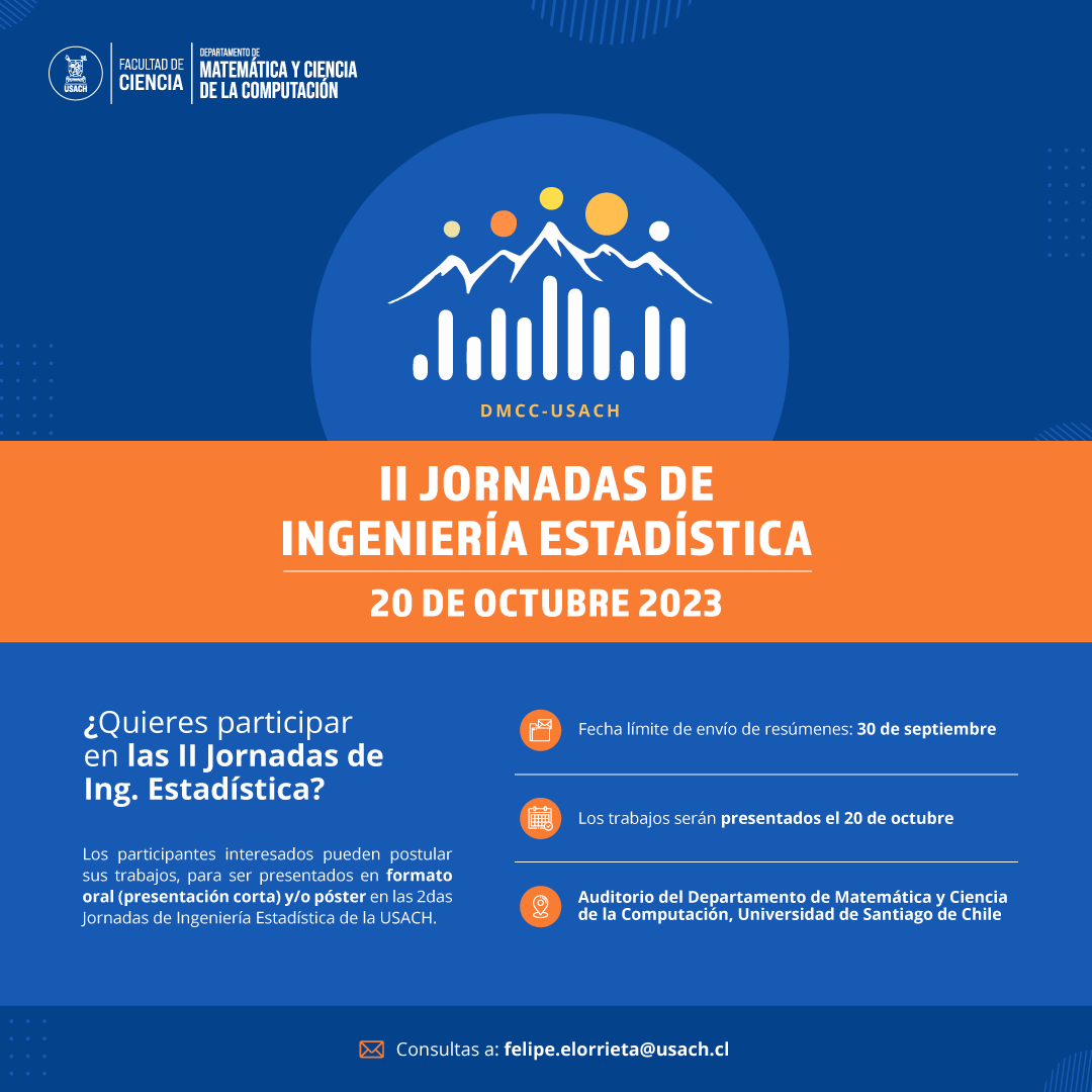 Se viene un segundo semestre lleno de lindas iniciativas. El 20 de octubre realizaremos las II Jornadas de Ingeniería Estadística en el Departamento de Matemática y Ciencia de la Computación de la Universidad de Santiago de Chile. Inscripciones en forms.gle/1w7XXYTn8KdP74…