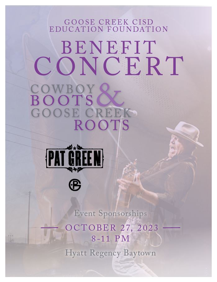 Mark your calendars and get ready for a boot-stomping good time at the GCCISD Education Foundation Benefit Concert featuring Pat Green!  All proceeds go toward supporting the students and teachers of <a href="/GCCISD/">Goose Creek CISD</a>. #gcGIANTS #gccisdedfo #bootsandroots