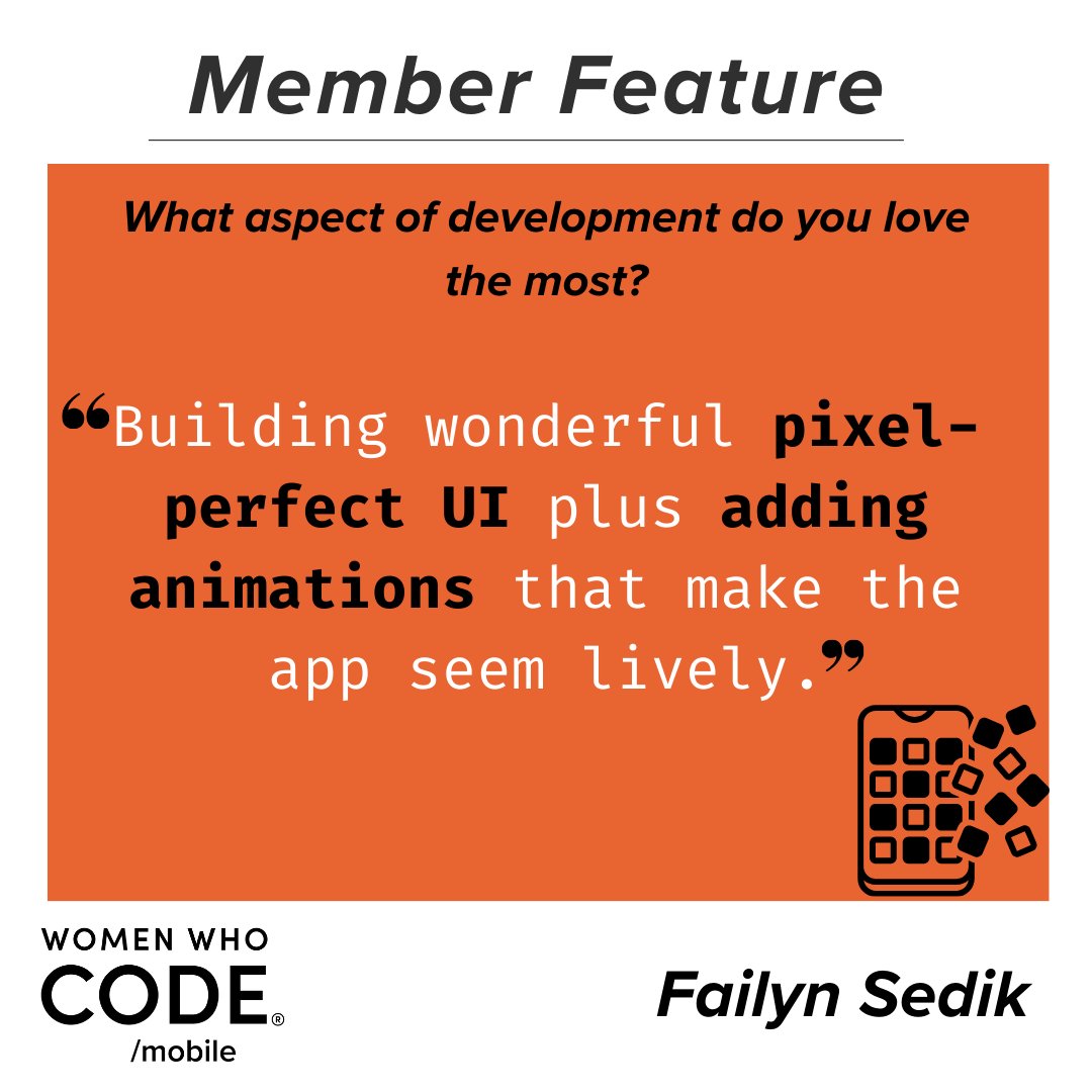 WWCodeMobile's tweet image. ✨ Meet our volunteer Failyn Sedik! ✨
@failynsedik is an iOS Developer 📱, lives in the Philippines 🌞 and has 15 cats 🐈!
Swipe 👉 and find out what she told us!

#MemberFeature #WWCode #WomenInTech #WWCodeMobile #DEVCommunity