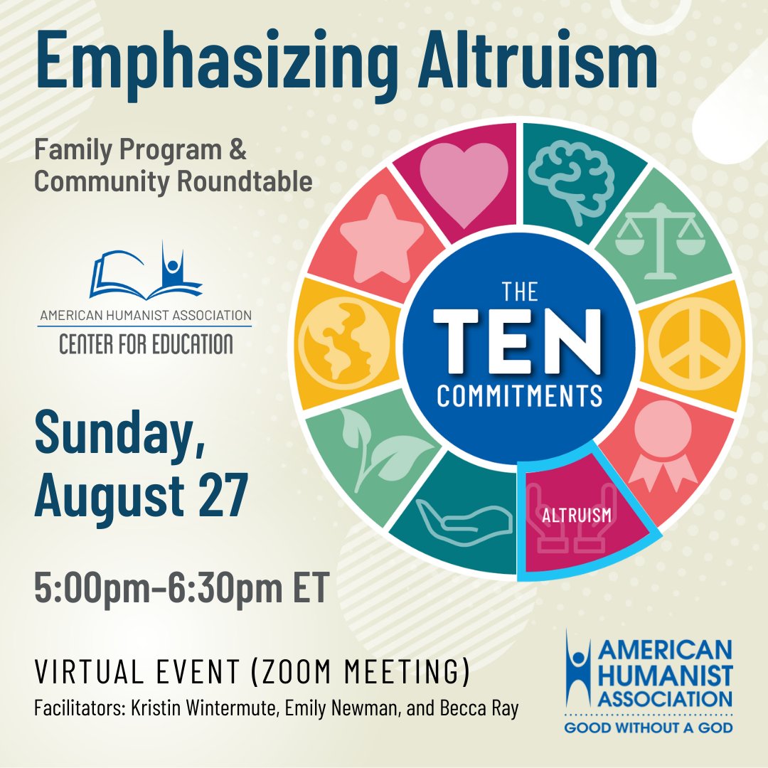 On August 27, we're engaging parents, caregivers, and community leaders in humanist education focused on ALTRUISM. Come learn and discuss how we can support others around us and reinforce healthy connections.
Register at bit.ly/3PDPTRO