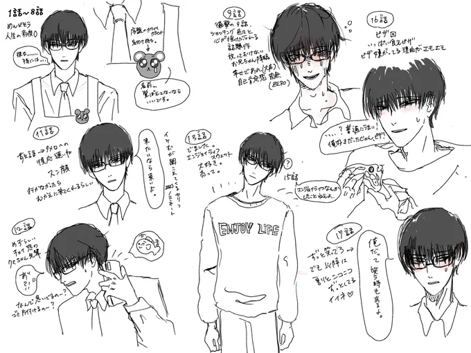 クマちゃん先輩練習兼ねて好きシーンまとめ落書き…まとめられなくて17話までしか復習できなかった
また今度続き描く 