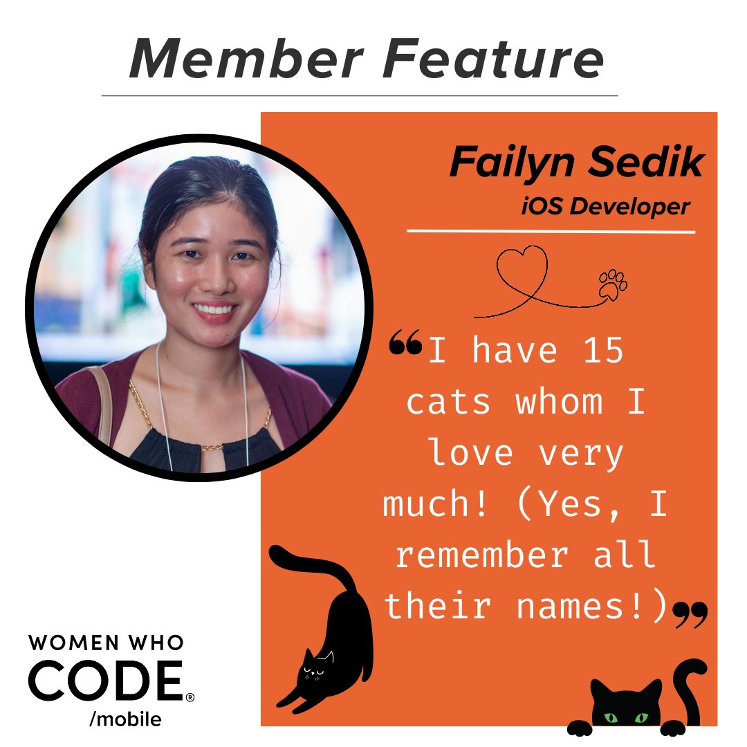 WWCodeMobile's tweet image. ✨ Meet our volunteer Failyn Sedik! ✨
@failynsedik is an iOS Developer 📱, lives in the Philippines 🌞 and has 15 cats 🐈!
Swipe 👉 and find out what she told us!

#MemberFeature #WWCode #WomenInTech #WWCodeMobile #DEVCommunity