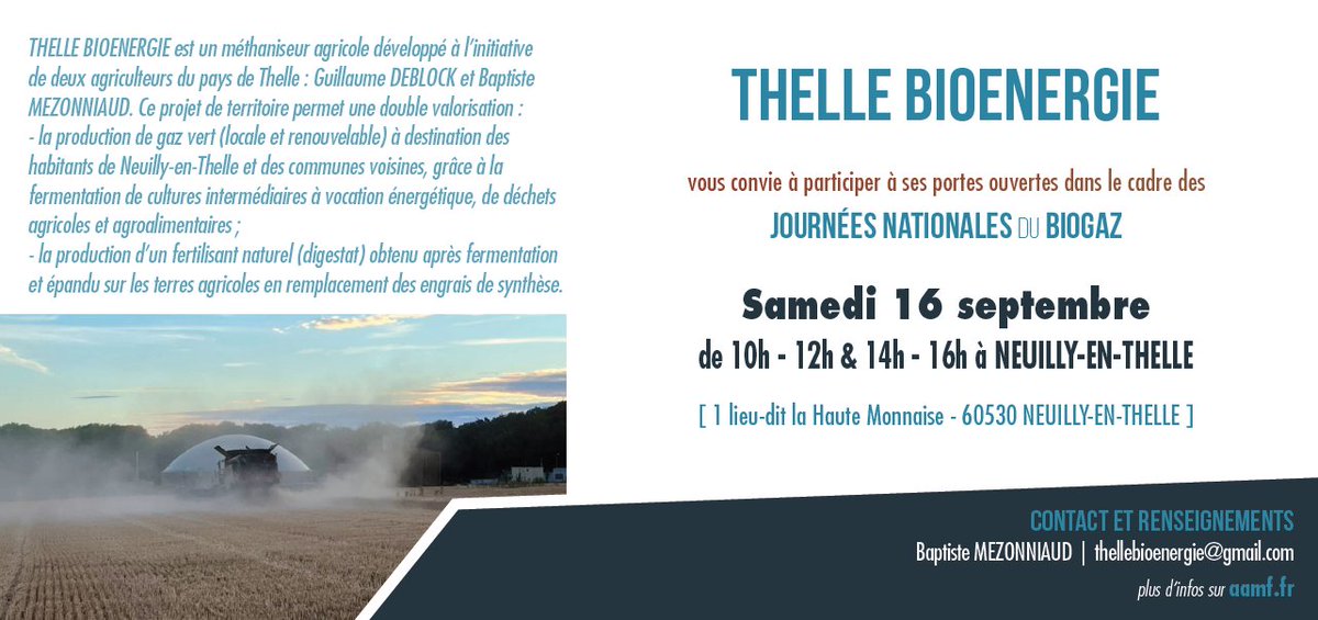 Journée portes ouvertes le samedi 16 septembre 2023 pour ceux qui souhaitent visiter un méthaniseur agricole qui injecte du biométhane dans le sud-ouest de l'Oise, accès facile à moins de 1h de Paris. Une bonne occasion de parler agriculture et énergie sur le terrain!